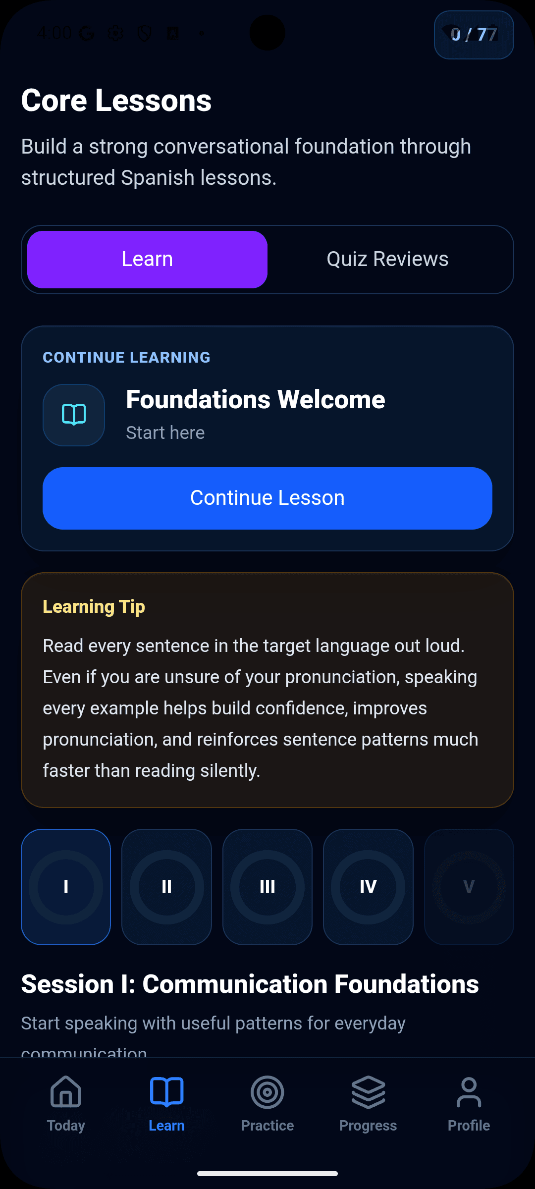 Core Lessons overview with the learning path, session navigation, and continue lesson button.