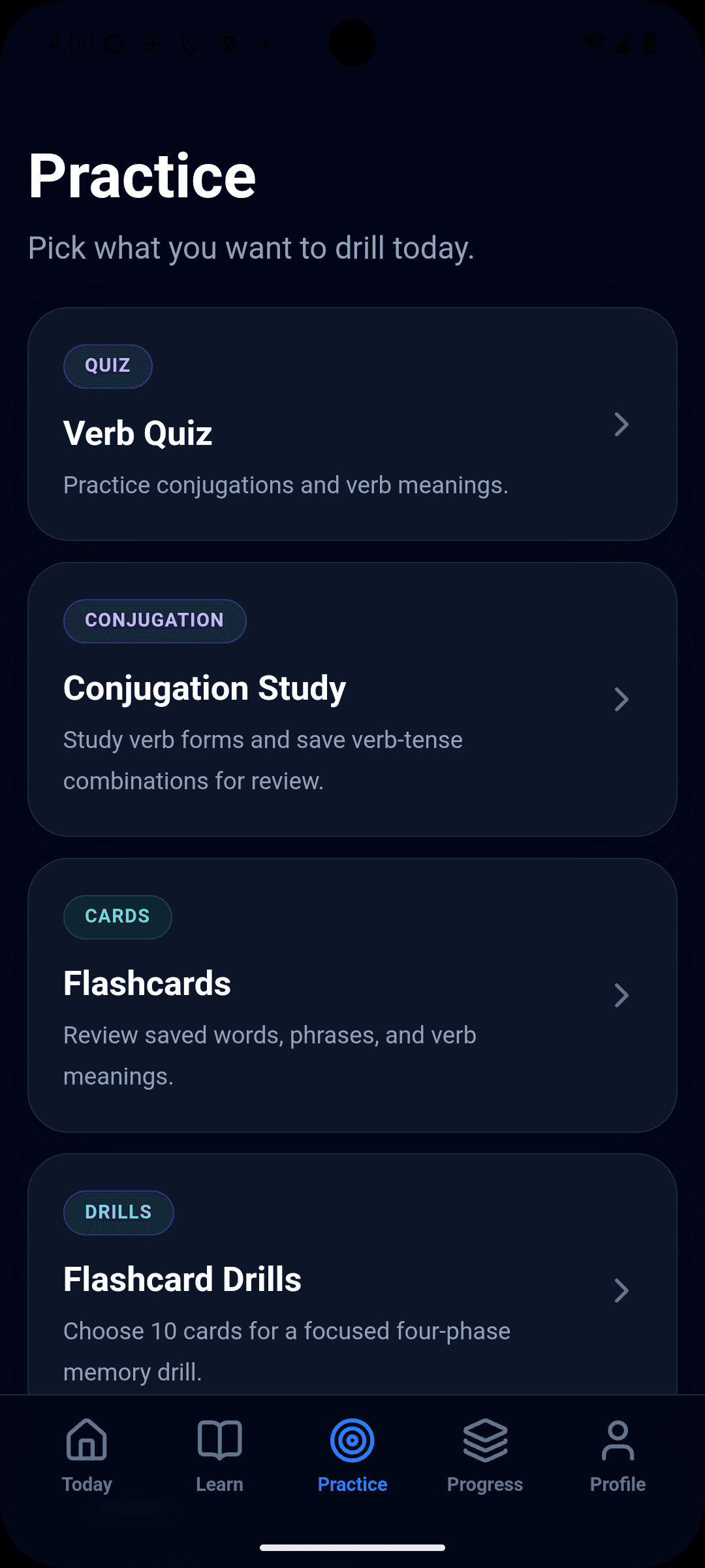 Practice menu: Verb Quiz, Conjugation Study, Flashcards, and Flashcard Drills.